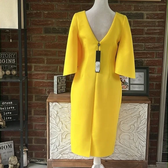 Badgley Mischka Split Sleeve Lemon Sunshine Midi Dress Size 4 NWT
